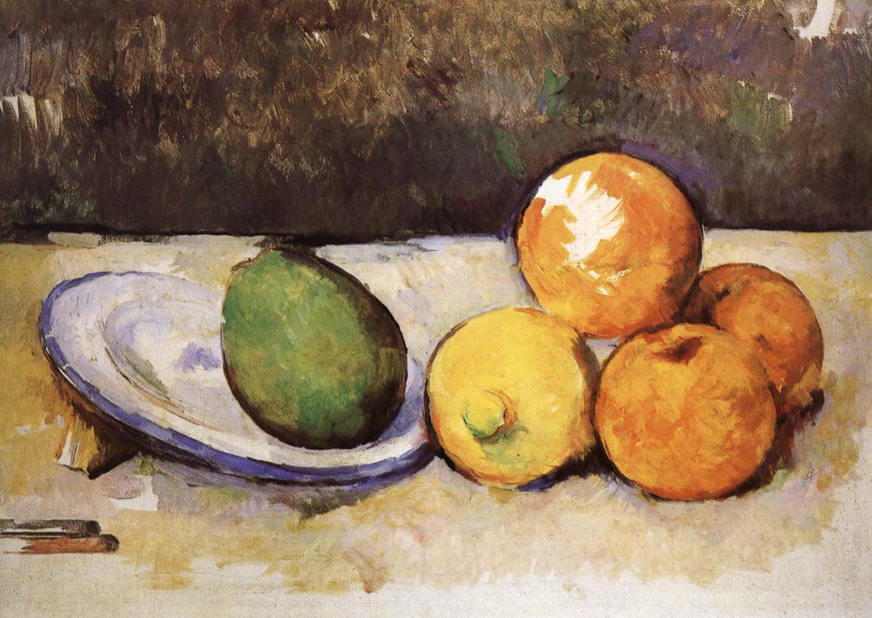 Paul Cezanne and fruit have a plate of still life